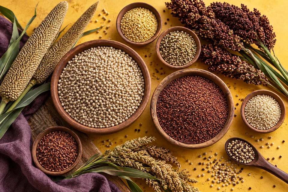 AI editorial still life of several millet grains and prepared dishes, an interpretation rather than a record of a named cuisine