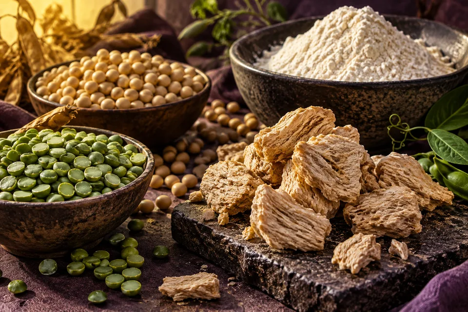 AI editorial still life of plant proteins, oil droplets and a cut patty, not a tested product or microscopy image