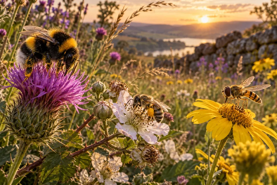 AI editorial illustration of diverse insects visiting crop flowers, not a scientific species survey