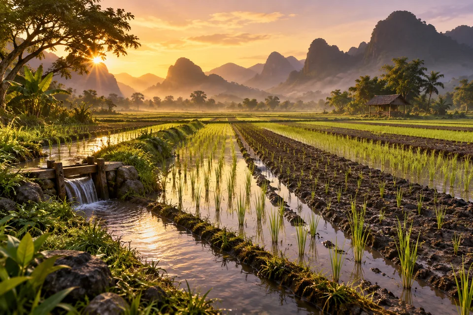 AI editorial illustration contrasting rice-field water regimes, not a measured farm trial